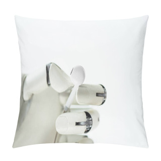 Personality  Close-up View Of Robot Holding Earphone Isolated On White Pillow Covers