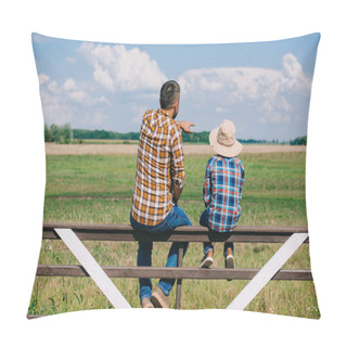 Personality  Back View Of Father And Son Sitting On Fence And Looking At Green  Field Pillow Covers