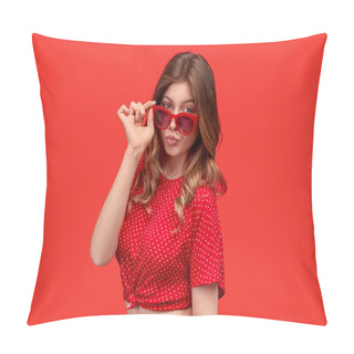 Personality  Stylish Lady Adjusting Sunglasses And Pouting Lips Pillow Covers
