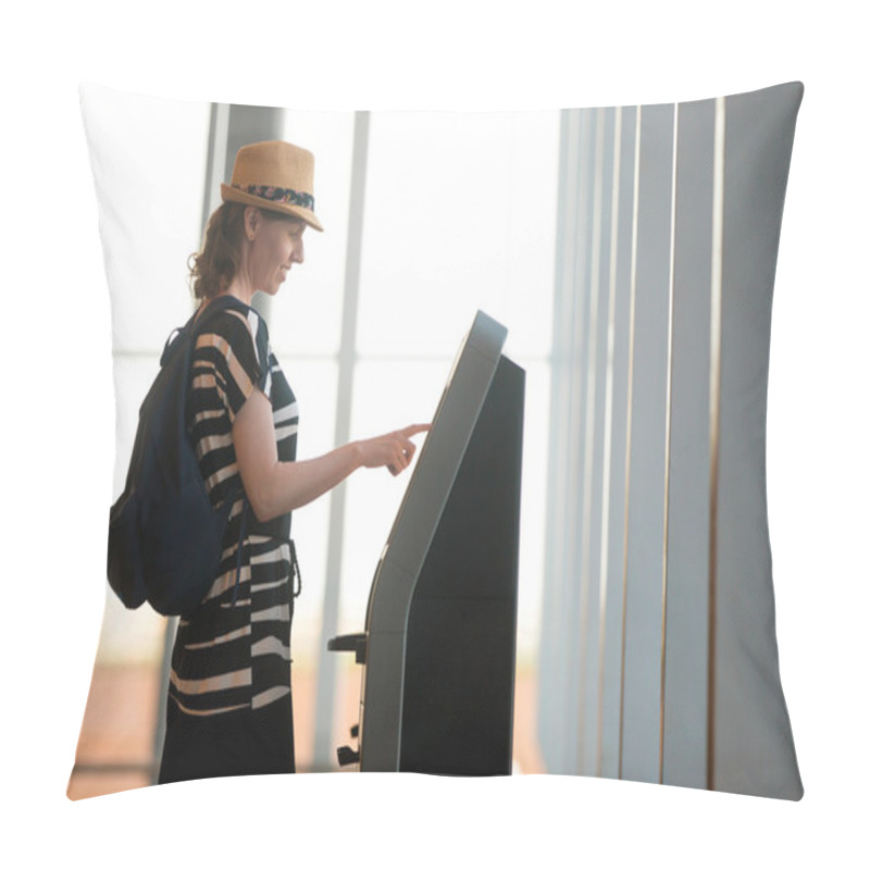 Personality  Woman Doing Self-check-in In Airport Pillow Covers