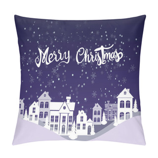 Personality  Vector With Merry Christmas Lettering Near Houses, Pines And Falling Snow On Blue Pillow Covers
