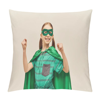 Personality  Powerful Girl In Green Superhero Costume With Cloak And Mask On Face, Smiling And Standing With Clenched Fists While Celebrating World Child Protection Day Holiday On Grey Background  Pillow Covers