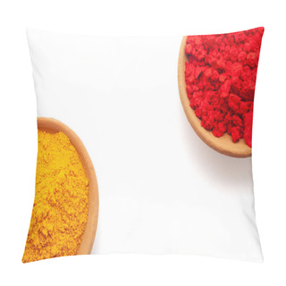 Personality  Top View Of Earthen Pot Filled With Red Sindoor And Turmeric (Haldi), Isolated On White. Pillow Covers