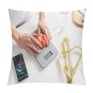 Personality  Cropped View Of Woman Putting Tomato On Scales Near Smartphone With Calorie Counting App And Measuring Tape On Kitchen Table Pillow Covers