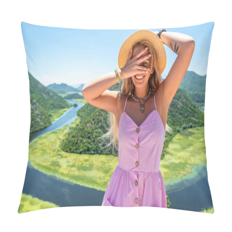 Personality  Woman In Pink Dress And Hat Looking At Camera Through Fingers Near Crnojevica River In Montenegro Pillow Covers