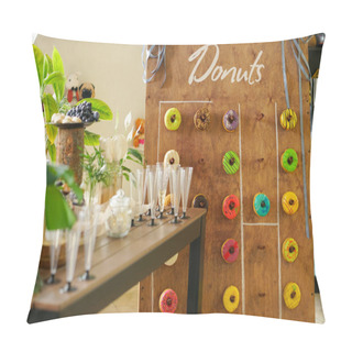 Personality  Assortment Of Colorful Fresh Donuts On A Wooden Board For The Holiday Pillow Covers