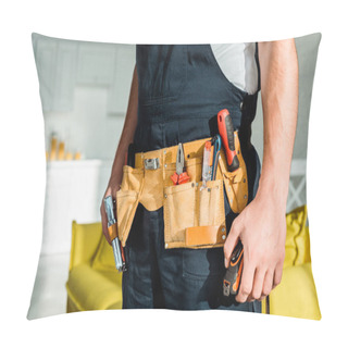 Personality  Cropped View Of Installer Standing And Holding Measuring Tape  Pillow Covers