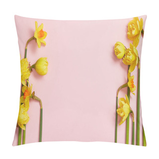 Personality  Top View Of Beautiful Yellow Daffodils On Pink Background With Copy Space Pillow Covers
