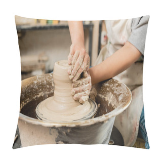 Personality  Cropped View Of Blurred Female Ceramicist In Apron Molding Wet Clay And Working On Spinning Pottery Wheel In Art Ceramic Studio, Skilled Pottery Making Concept Pillow Covers