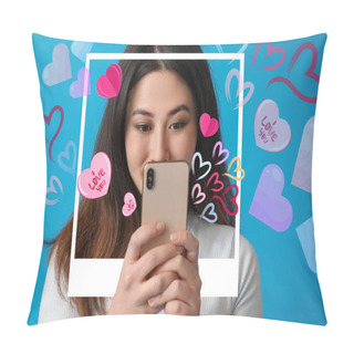 Personality  Beautiful Young Asian Blogger With Mobile Phone On Blue Background. Valentine's Day Celebration Pillow Covers