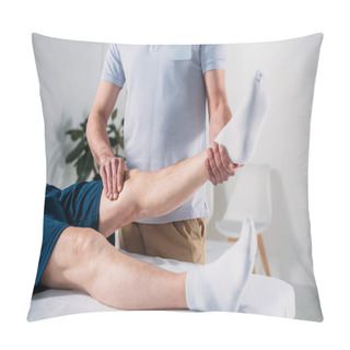 Personality  Cropped Shot Of Physiotherapist Massaging Senior Mans Leg On Massage Table Pillow Covers