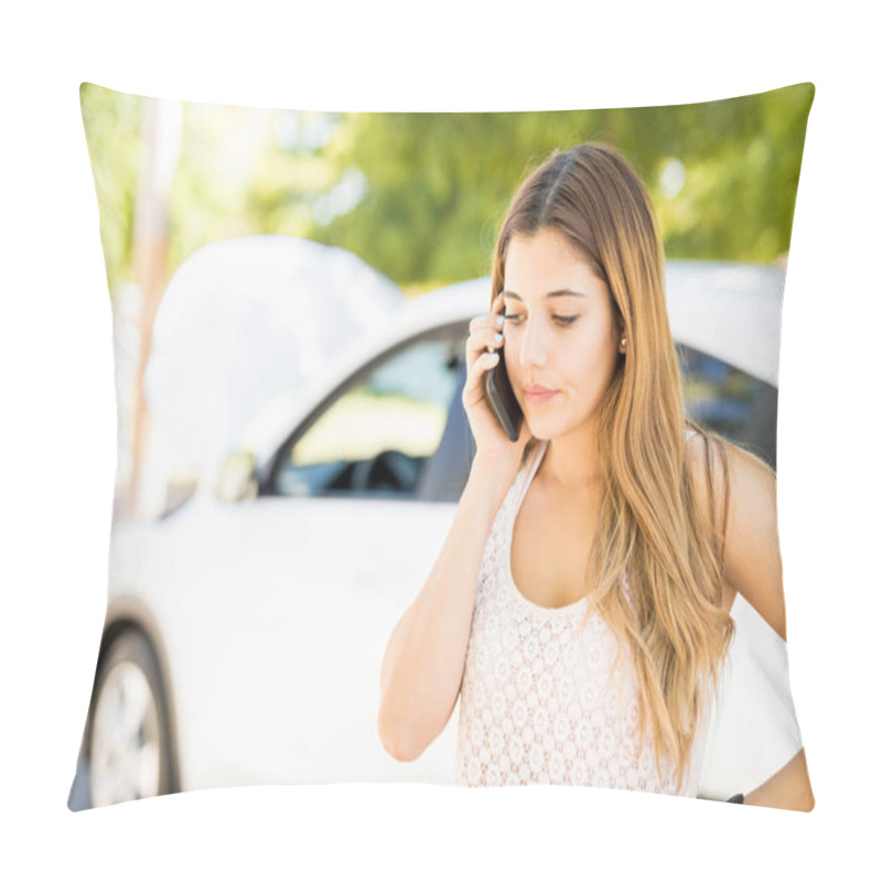 Personality  Pretty Young Woman Calling For Assistance With Her Car Broken Down By The Roadside Pillow Covers