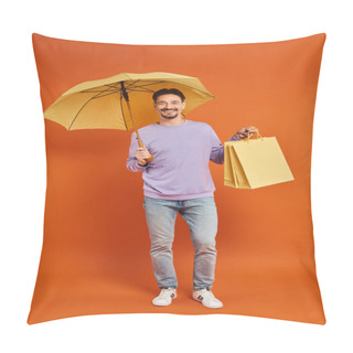 Personality  Happy Man With Yellow Umbrella And Shopping Bags Standing On Orange Background, Consumerism Pillow Covers