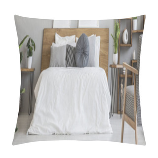Personality  Fresh Green Plant Placed On Hairpin Bedside Table In Real Photo Of Scandinavian Style Room Interior With King-size Bed With White Bedding And Grey Cushions Pillow Covers