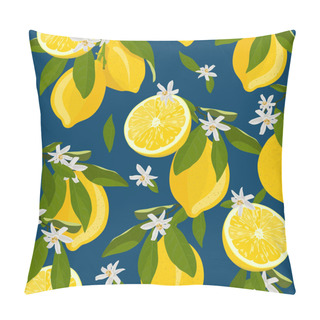 Personality  Lemon Fruits Seamless Pattern With Flowers And Leaves Blue Background. Citrus Fruits Vector Illustration. Pillow Covers