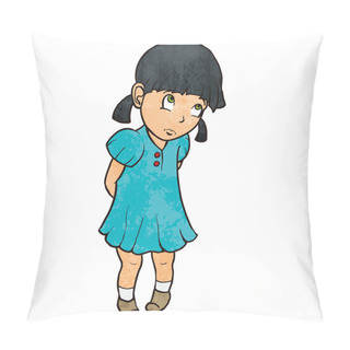 Personality  Cute Sad Guilty Little Girl In Blue Dress. Cartoon Illustration Pillow Covers