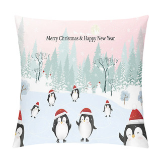 Personality  Merry Christmas And Happy New Year 2022 Greeting Card, Cute Cartoon Winter Wonder Landscape With Penguins Celebrating In The Park On Christmas Night Or New Year Eve With  Santa Claus And Reindeer  Pillow Covers