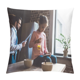 Personality  Father And Daughter On Kitchen At Morning Pillow Covers