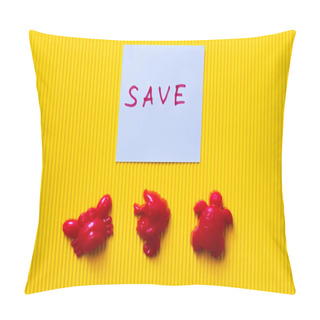 Personality  Top View Of Toy Sea Animals Near Blue Paper With Save Lettering On Yellow Background Pillow Covers
