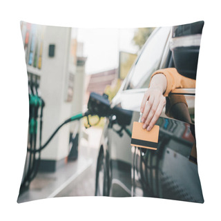Personality  Selective Focus Of Woman Holding Credit Card While Sitting In Car On Gas Station  Pillow Covers