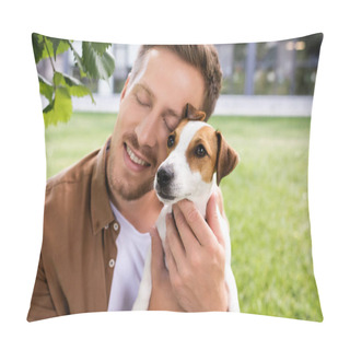 Personality  Young Man With Closed Eyes Holding White Jack Russell Terrier Dog With Brown Spots On Head Pillow Covers