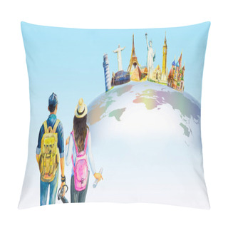 Personality  Man And Woman Photo Tourist. World Travel And Sights. Famous Landmarks Of The World Grouped Together. Watercolor Hand Drawn Painting Illustration On World Map In Blue Background. Copy Space, Isolated Pillow Covers