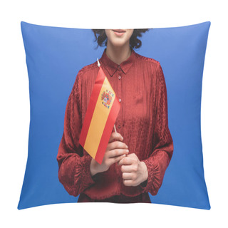 Personality  Cropped View Of Happy Language Teacher Smiling While Holding Flag Of Spain Isolated On Blue  Pillow Covers