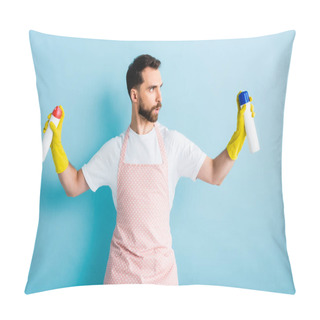 Personality  Serious Bearded Man Holding Spray Bottles On Blue  Pillow Covers