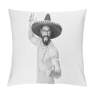 Personality  Mexican Party Concept. Man Cheerful Happy Face In Sombrero Hat Celebrating Yellow Background. Guy With Beard Looks Festive In Sombrero. Party And Holiday Concept. Mexican Traditional Attribute Pillow Covers