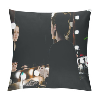 Personality  Young Woman Applying Make Up, Looking Herself Reflection In Mirror With Bulbs At Dressing In Dark Interior Room. Girl Applying Cosmetic With Brushes, Tonal Cream. Pillow Covers