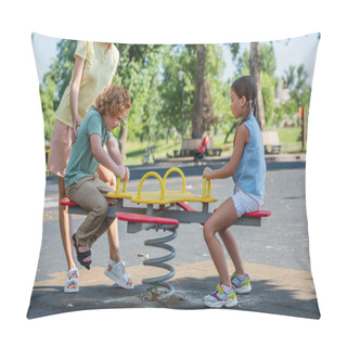 Personality  Happy Kids Riding Seesaw Near Mother In Park Pillow Covers