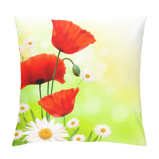 Personality  Spring Background With Red Poppy And Daisy Vector Pillow Covers