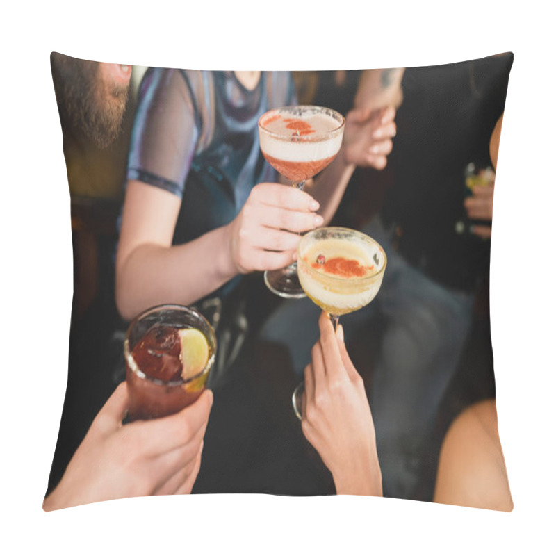 Personality  Cropped View Of Interracial Friends Holding Different Cocktails In Bar  Pillow Covers