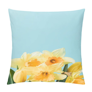 Personality  Close Up View Of Beautiful Tulips And Narcissus Flowers Isolated On Blue Pillow Covers