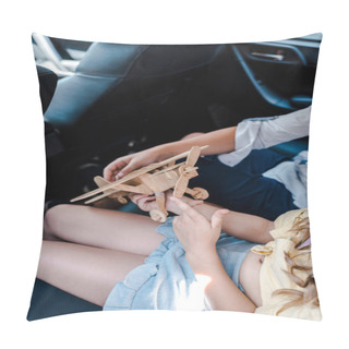 Personality  Cropped View Of Kids Playing With Wooden Biplane In Car  Pillow Covers