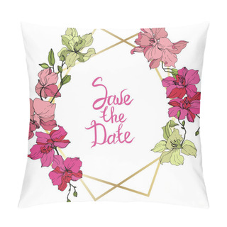 Personality  Beautiful Orchid Flowers. Pink And Yellow Engraved Ink Art. Frame Golden Crystal. Save The Date Handwriting Monogram Calligraphy. Pillow Covers
