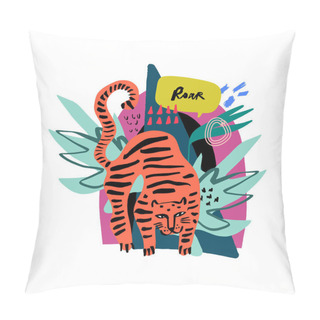 Personality  Funny Cartoon Tiger With Tropical Leaves. Vector Childish Animal Illustration Pillow Covers