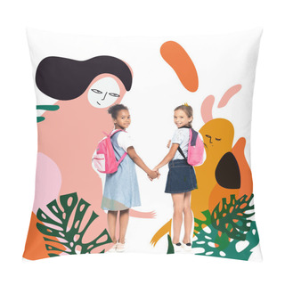 Personality  Multicultural Schoolgirls With Backpacks Holding Hands And Looking At Camera Near Magic Characters Illustration On White  Pillow Covers