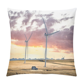Personality  Sunset Windmills Producing Green Energy Overlooking Harvested Agriculture Fields And Distant Mountains With A Rustic Barn On The Canadian Prairies. Pillow Covers