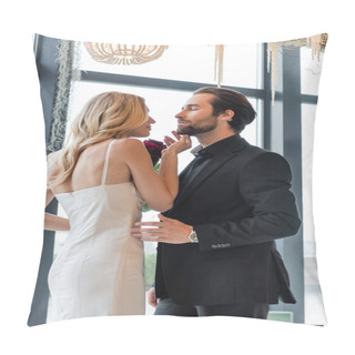 Personality  Blonde Woman Holding Flowers And Touching Man In Suit In Restaurant  Pillow Covers