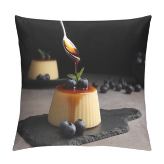Personality  Pouring Caramel Onto Delicious Pudding With Blueberries And Mint On Grey Table Against Black Background Pillow Covers