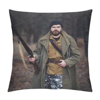 Personality  Bearded Hunter With Professional Equipment Walking In The Woods Pillow Covers