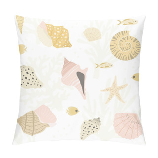 Personality  Beige Seamless Pattern With Various Seashells And Fishes. Great For Fabric, Textile. Vector Illustration Pillow Covers