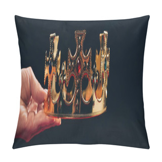 Personality  Cropped View Of Woman Holding Golden Crown With Gemstones, Isolated On Black, Panoramic Shot Pillow Covers
