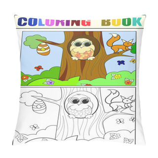 Personality  Beehive, Eagle Owl And Squirrel On A Tree. Set Children Coloring Book And Color Picture. Pillow Covers