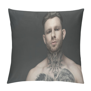 Personality  Handsome Shirtless Tattooed Man, Isolated On Grey Pillow Covers