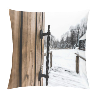 Personality  Selective Focus Of Opened Wooden Door With Ironshod Handle And Snowy Landscape On Background  Pillow Covers