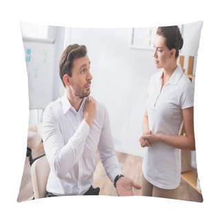Personality  Masseuse Looking At Businessman Complaining, While Holding Hand On Painful Shoulder On Blurred Background Pillow Covers