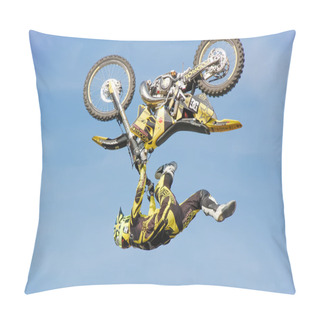 Personality  PENZA, RUSSIA - JUNE 18, 2011: Freestyle Motox Rider. Motorshow Night Of The Jumps Pillow Covers