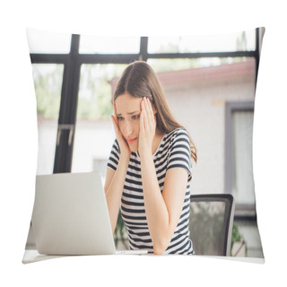 Personality  Sad Girl In Striped T-shirt Using Laptop At Home Pillow Covers